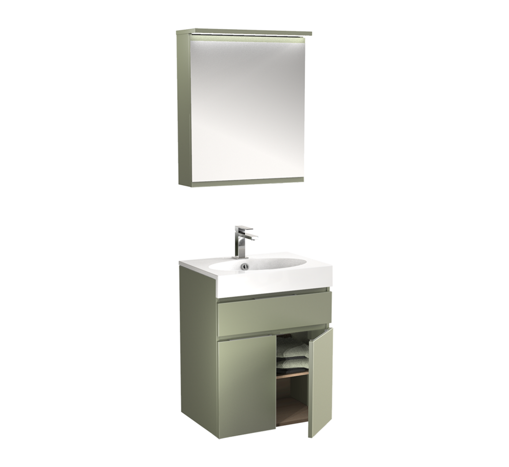 Pack Egoiste meuble vasque 1t 2p ouvert + armoire Fougere mat
