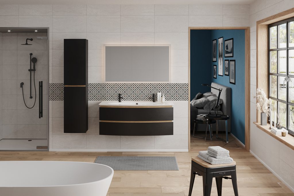 BEL AMI Badezimmerschrank in mattschwarzem Lack, passende Säule, göttlicher Spiegel 