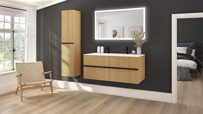 Meuble 120 façade chêne rainurée plan monobloc V2-appro-02 (1) Meuble vasque Woody 120cm - DECOTEC