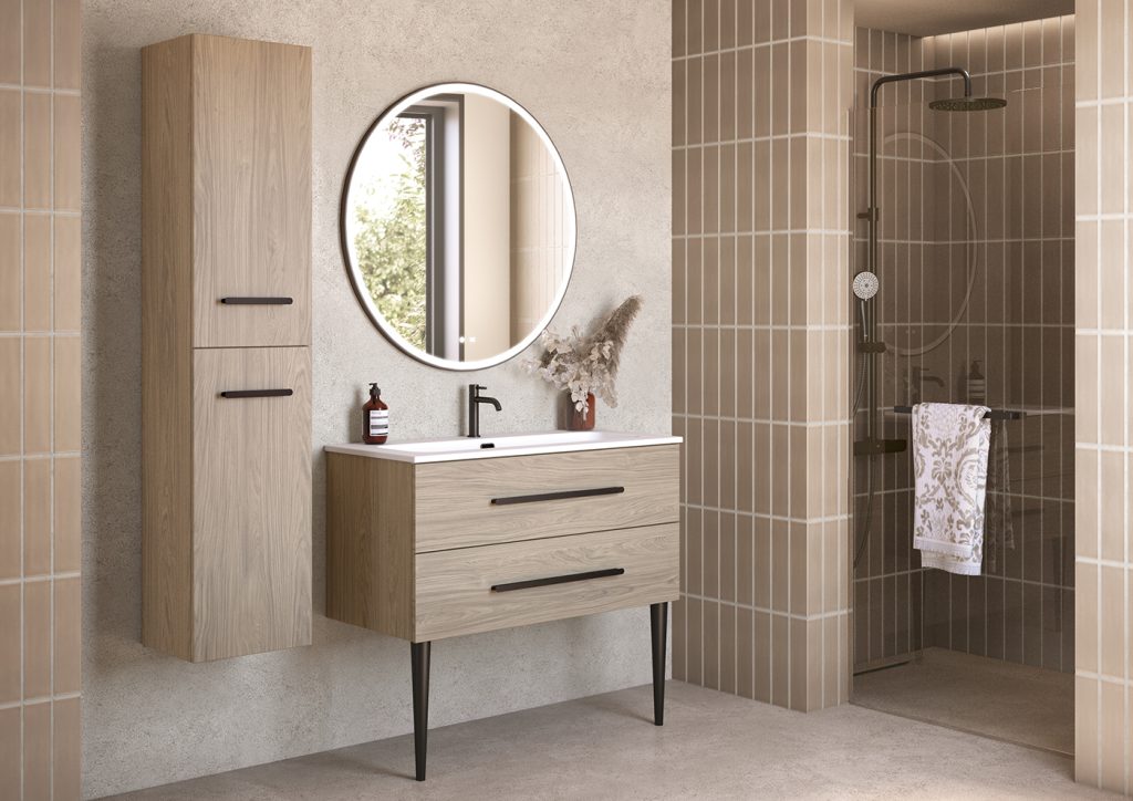 BENTO 100 finition Chene brun - poignees Baguette noires - miroir LED First rond Noir - RGB