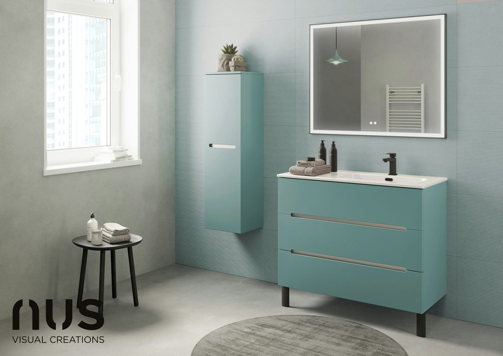 Bento L100 Ocean mat - 3T prise de main - plan Ceramique Galaxy droite - miroir LED First Carre Chrome - pieds Noir mat - demi-colonne assortie