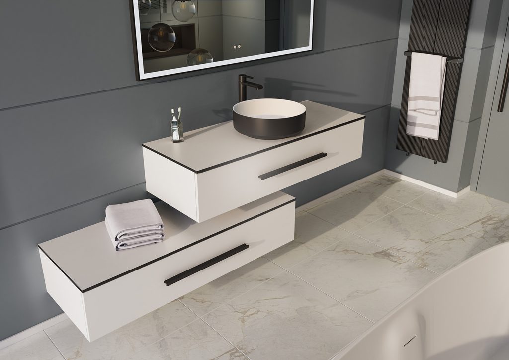 Bento L120 Blanc mat - poignee Baguette noire - plan compact Blanc et vasque Perle