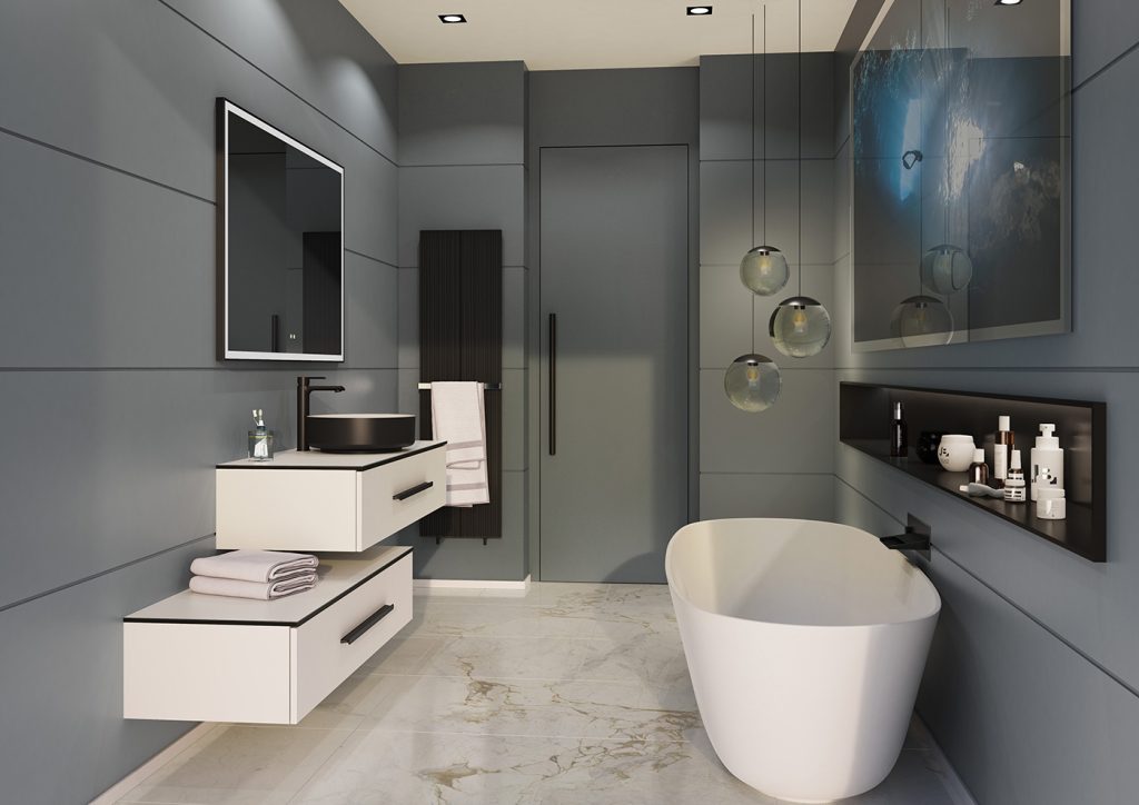 Bento L120 Blanc mat - poignee Baguette noire - plan compact Blanc et vasque Perle - miroir First