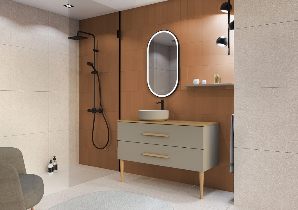 Bento L120 Cappuccino mat - plan Chene + vasque Perle laquee - 2T poignee Flap Chene massif - Miroir LED First Oblong Noir