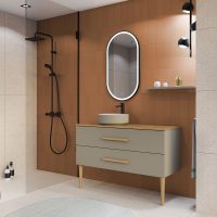 Thumbnail of http://Bento%20L120%20Cappuccino%20mat%20-%20plan%20Chene%20+%20vasque%20Perle%20laquee%20-%202T%20poignee%20Flap%20Chene%20massif%20-%20Miroir%20LED%20First%20Oblong%20Noir