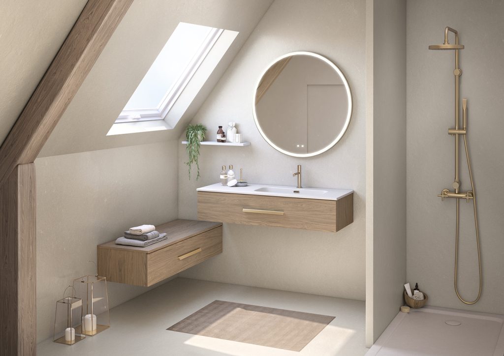 Bento L120 Chene Brun - poignee Flap dore brosse - miroir First rond-RGB