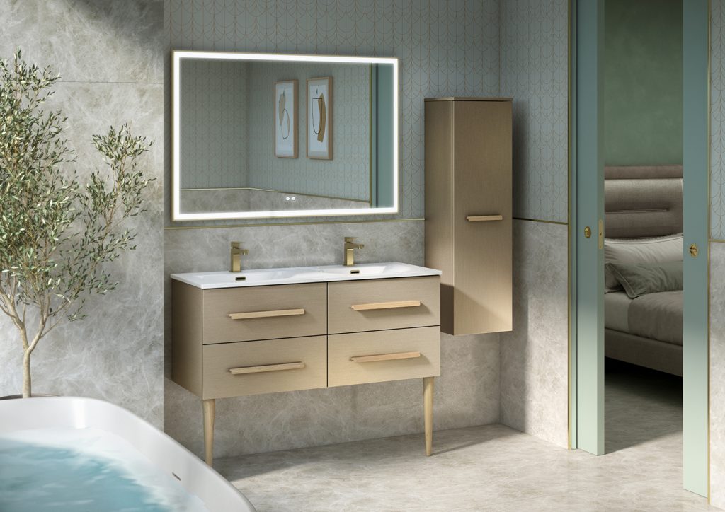 Meuble double vasque Bento, couleur champagne, 4 tiroirs