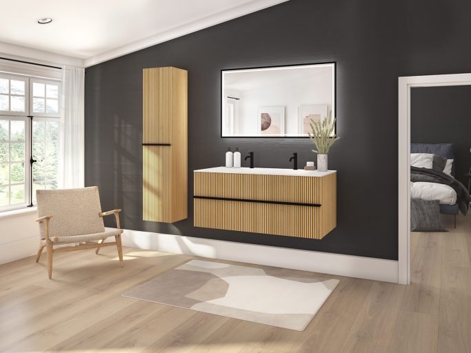 WOODY L120 façade Chene naturel rainuree noire miroir Narcisse noir - Decotec