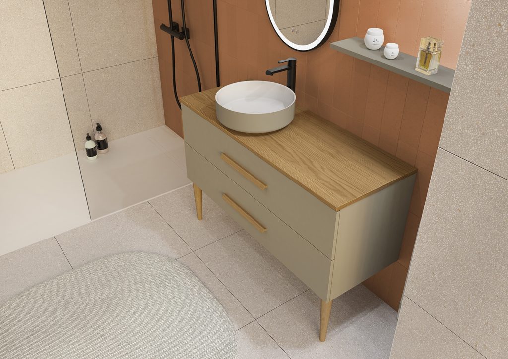 Bento L120 Cappuccino mat - plan Chene + vasque Perle laquee - 2T poignee Flap Chene massif - Miroir LED First Oblong Noir