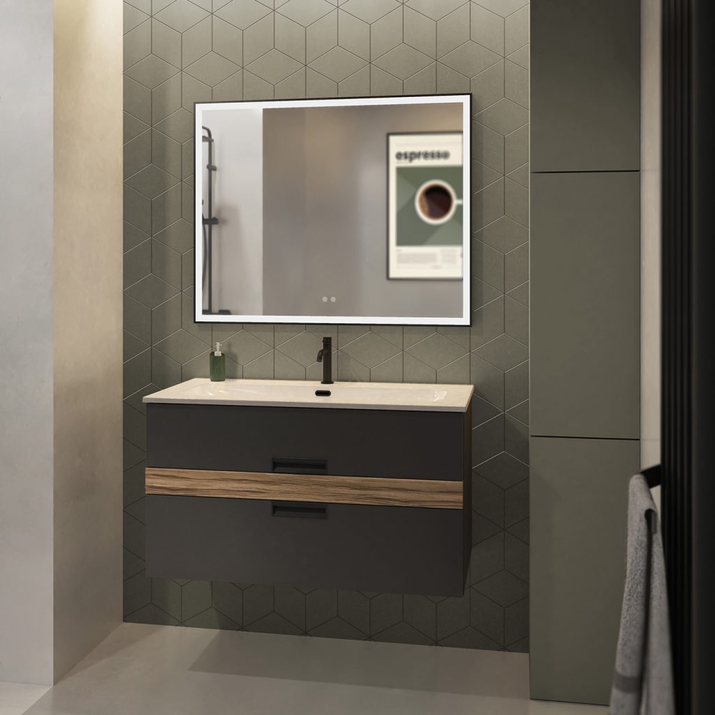 Vibrato L100 laque Graphite - plan Equinoxe - bandeau coeur de Chêne - miroir LED First Noir